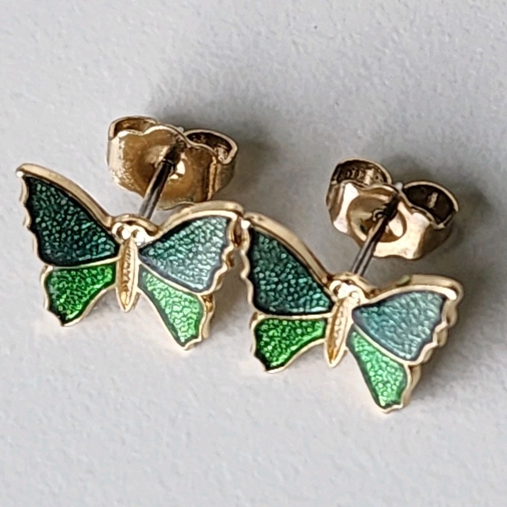 Vintage Avon Butterfly Stud Earrings Green Enamel Gold Tone Pierced 80s Jade